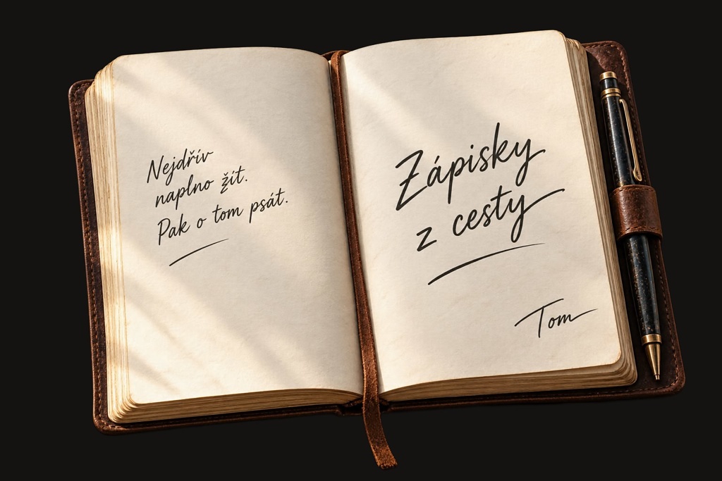 Otevřený zápisník s ručně psaným nadpisem Zápisky z cesty, podpisem Tom a perem